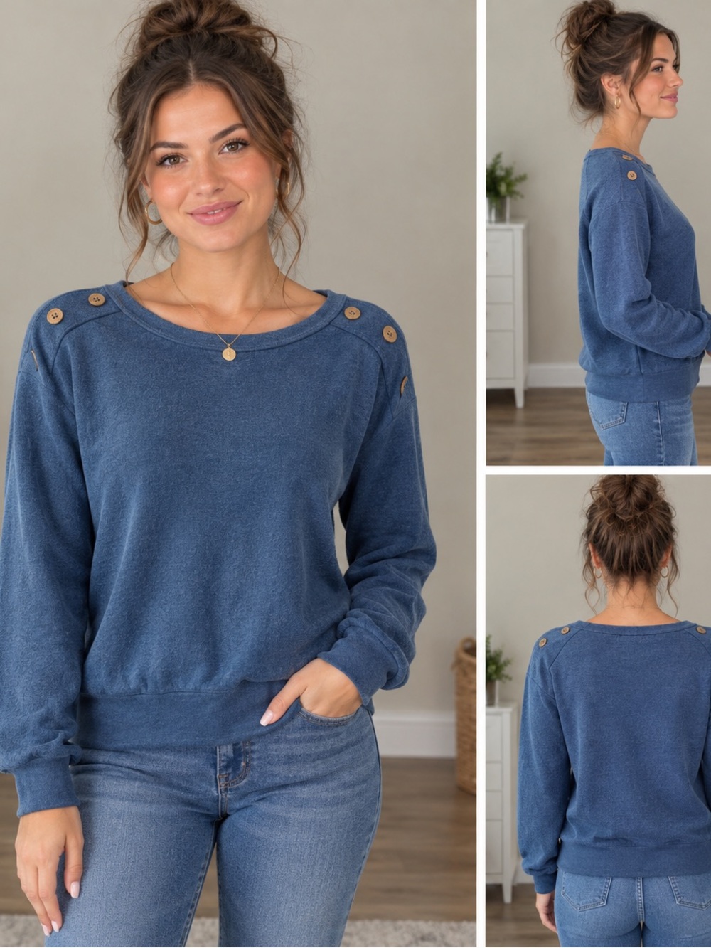 Above and Beyond Dusty Blue Shoulder Button Sweater Women’s Small Soft Stretch